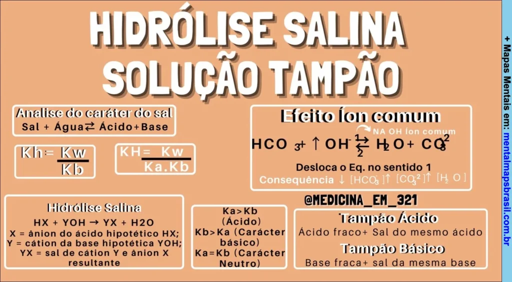 Mapa mental sobre hidrólise salina e solução tampão explicando análise de sal, efeito íon comum, equilíbrio químico e tipos de tampão.