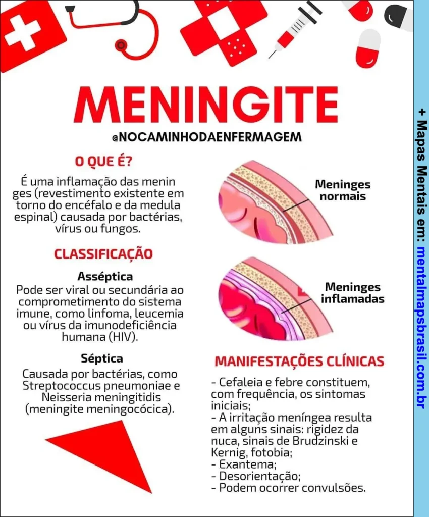 Infográfico sobre meningite explicando o que é, classificação e manifestações clínicas.