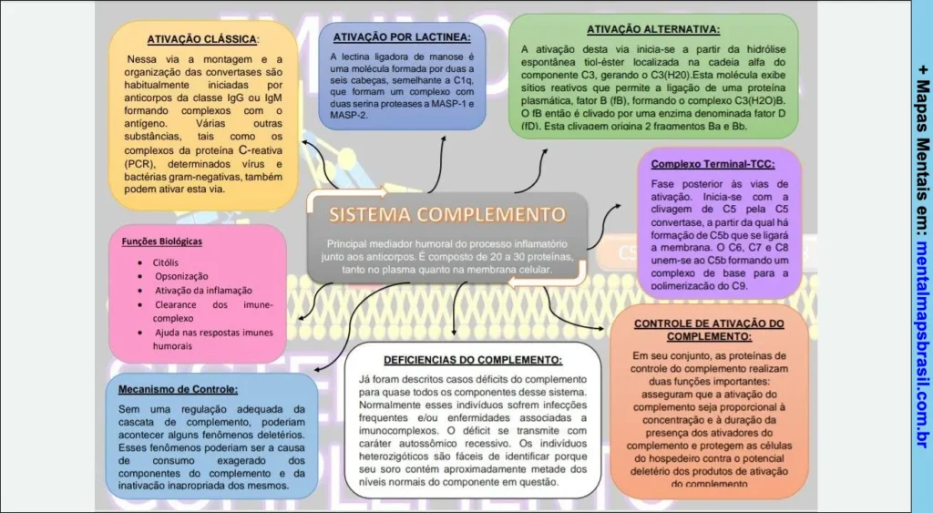 Mapa mental explicando o sistema complemento, suas vias de ativação, funções biológicas, mecanismo de controle, deficiências e controle de ativação.