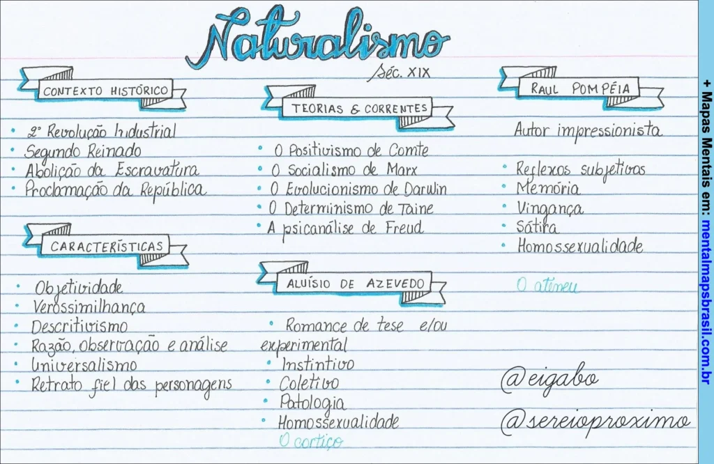 Anotações manuscritas sobre o naturalismo, incluindo contexto histórico, características, determinismo, teorias e correntes, e autores