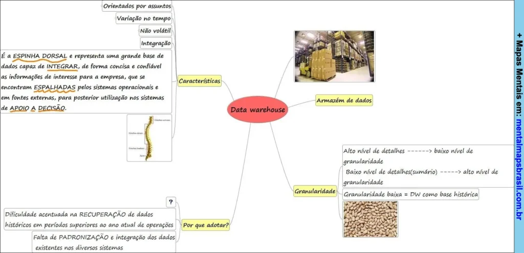 Mapa mental explicativo sobre Data Warehouse, suas características, granularidade e motivos para adoção.