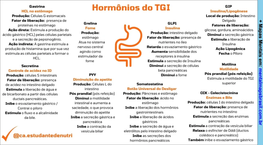 Diagrama explicativo dos principais hormônios do trato gastrointestinal, incluindo produção, fatores de liberação, ações diretas e indiretas de hormônios como gastrina, grelina, secretina, PYY, somatostatina, GIP, motilina e CCK.