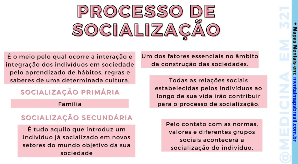 Mapa mental sobre o processo de socialização, explicando socialização primária e secundária