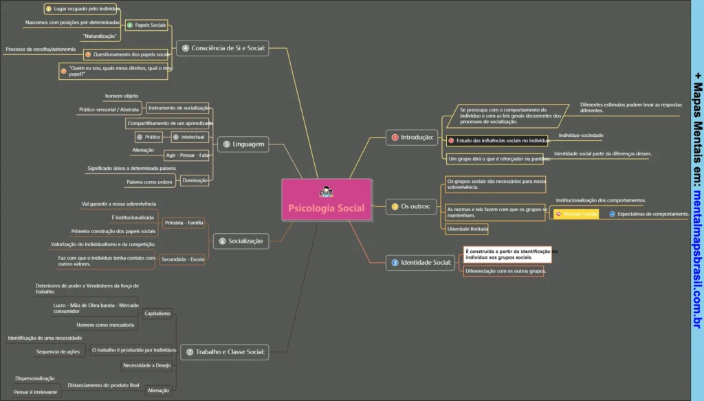 Mapa mental digital sobre Psicologia Social com tópicos principais e subdivisões explicativas.