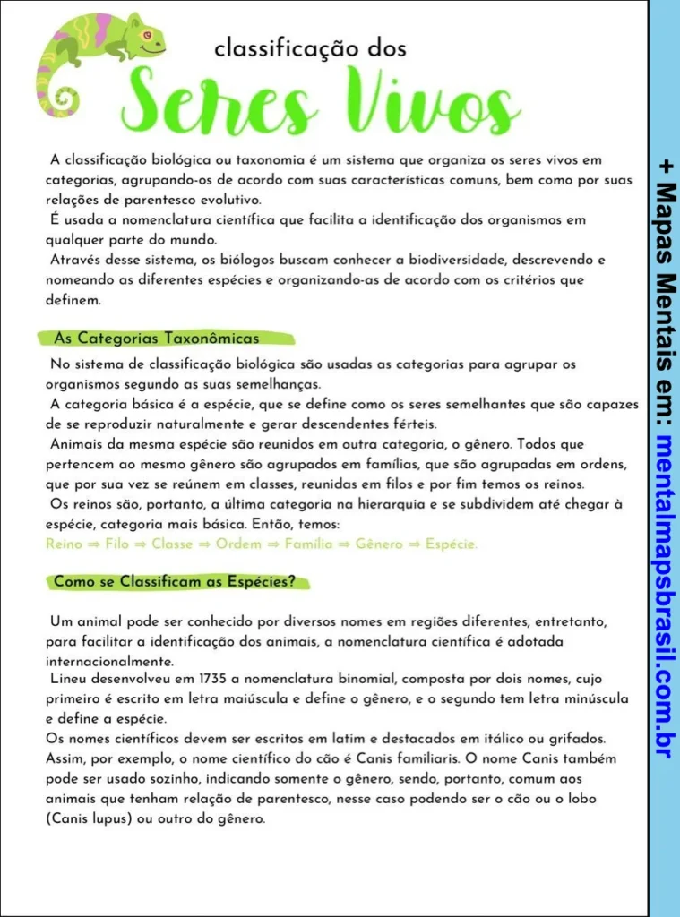 Mapa mental explicativo sobre a classificação dos seres vivos, abordando categorias taxonômicas e nomenclatura científica.