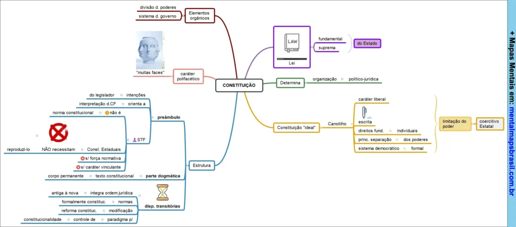 Mapa mental sobre a constituição, abordando elementos orgânicos, estrutura, preâmbulo e características da constituição ideal.