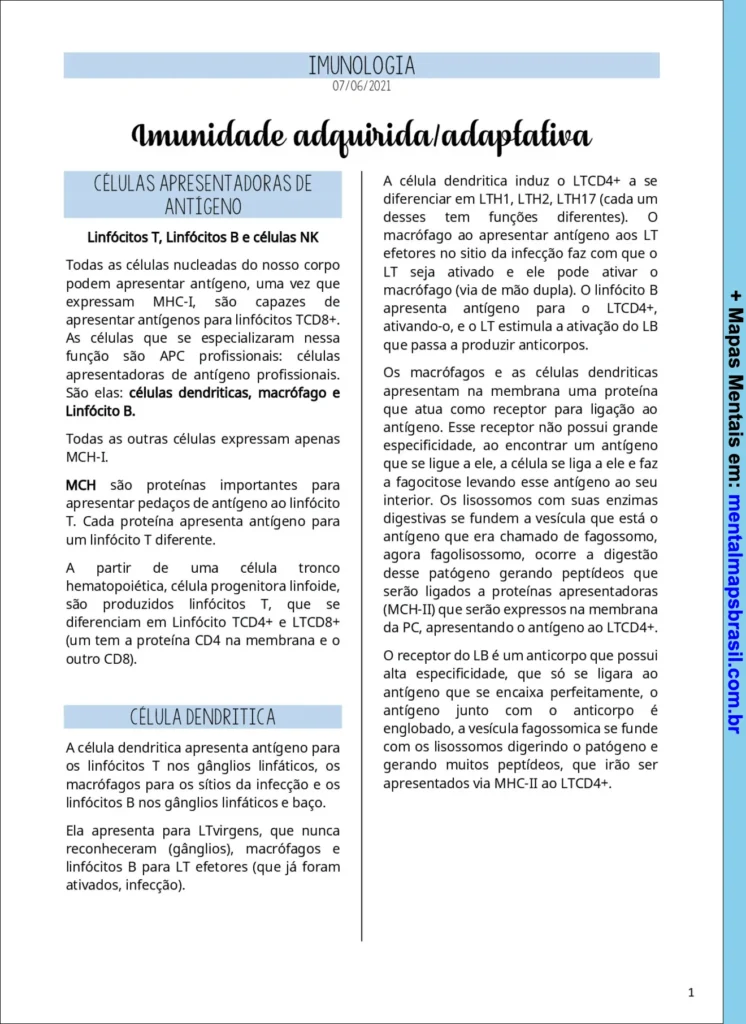 Mapa mental sobre imunologia detalhando imunidade adquirida/adaptativa, células apresentadoras de antígeno, células dendríticas e sua função no sistema imunológico.