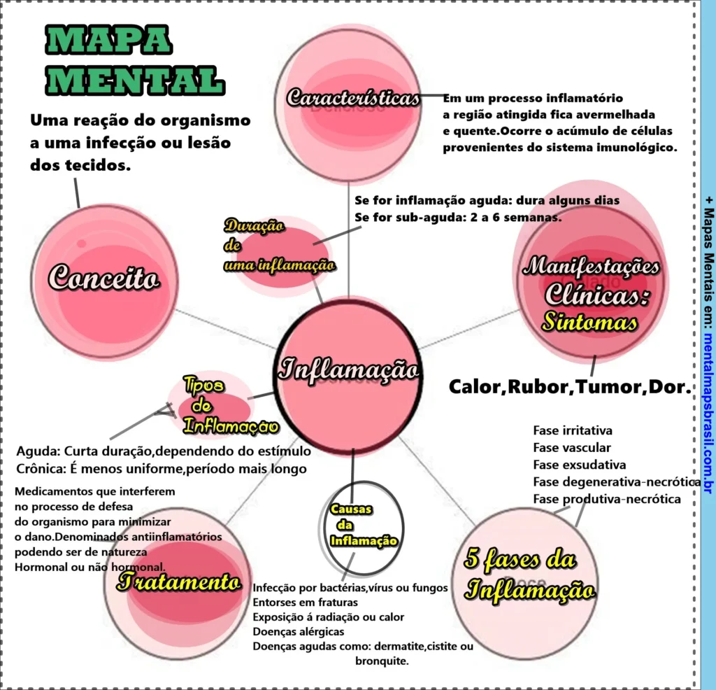 Mapa mental explicativo sobre inflamação, incluindo conceito, características, tipos, causas, manifestações clínicas e fases da inflamação.