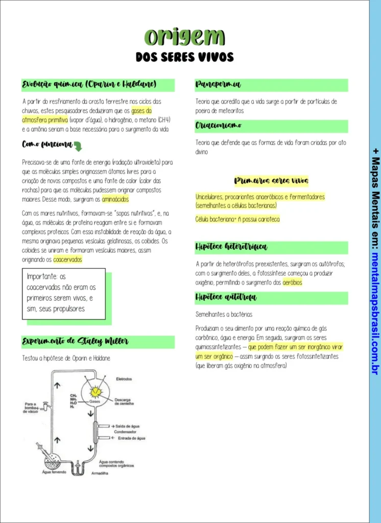 Mapa mental sobre a origem dos seres vivos, incluindo teorias como evolução química, panspermia, criacionismo, hipóteses heterotrófica e autotrófica, e o experimento de Stanley Miller.