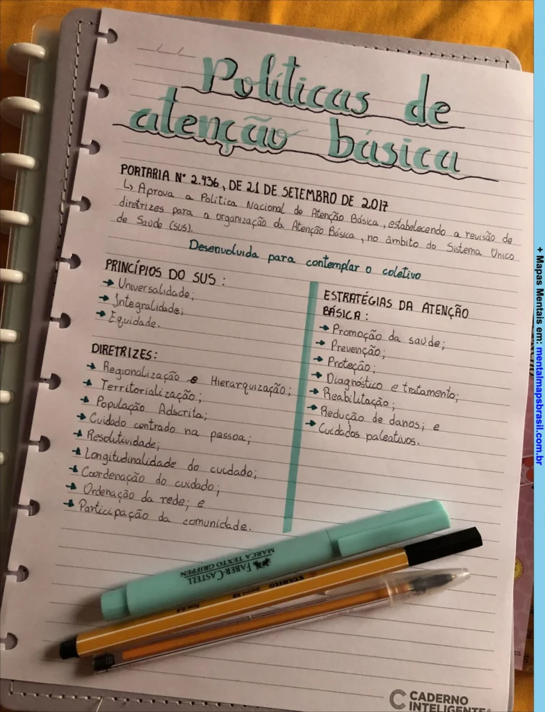 Folha de caderno com anotações manuscritas sobre políticas de atenção básica do SUS, incluindo princípios, diretrizes e estratégias.