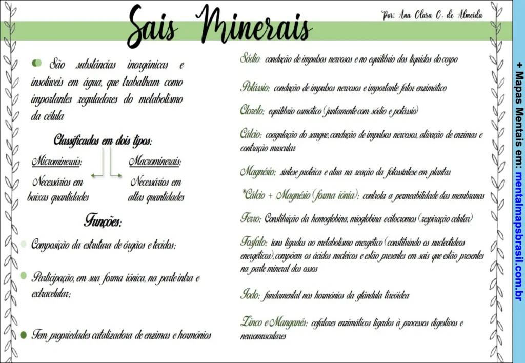 Mapa mental explicativo sobre sais minerais, incluindo sua classificação, funções e exemplos com suas respectivas funções no organismo.