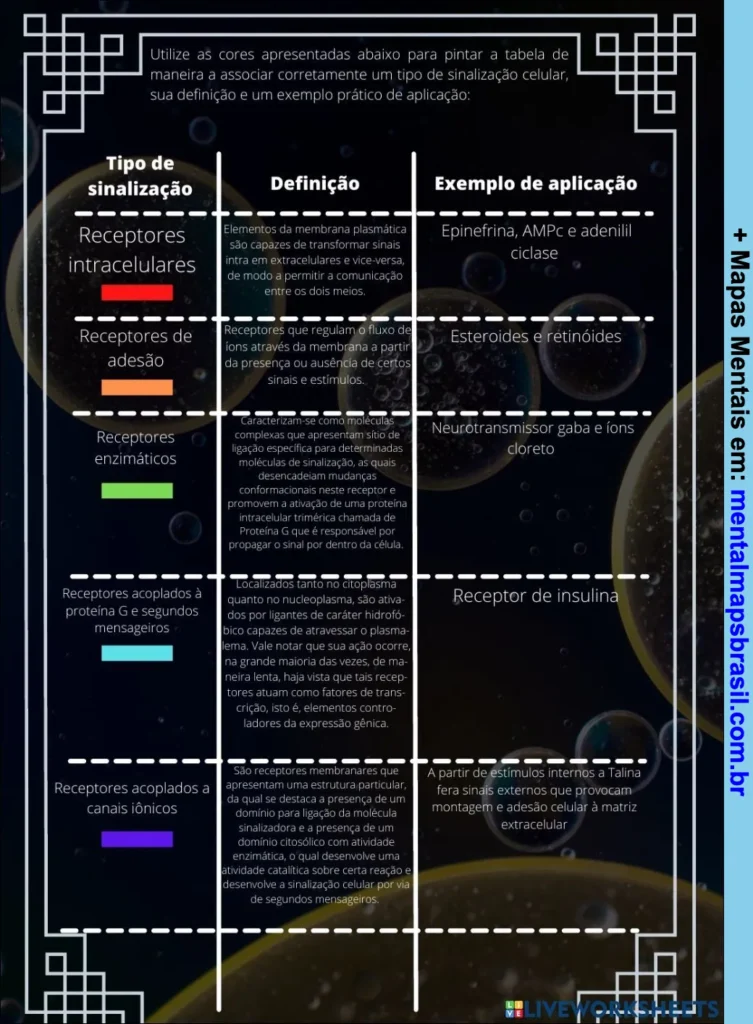 Tabela explicativa com tipos de sinalização celular, suas definições e exemplos práticos de aplicação.