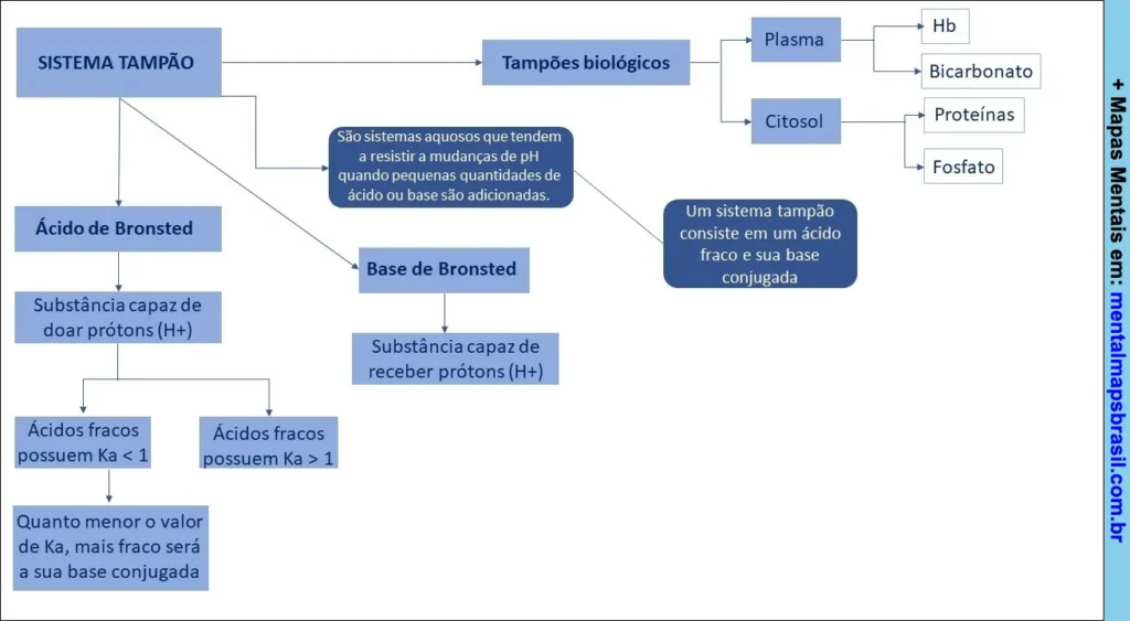 Mapa mental explicando o sistema tampão, suas definições, tipos e componentes biológicos.