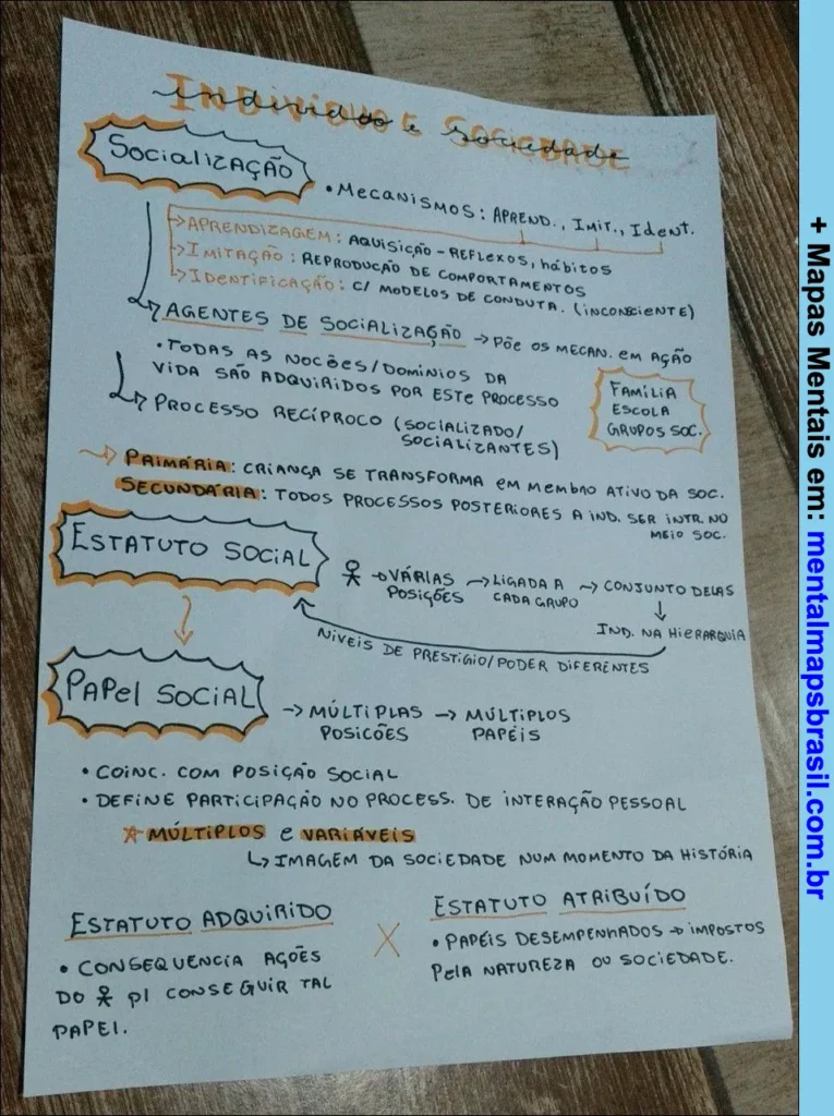 Mapa mental sobre o tema Indivíduo e Sociedade, abordando socialização, agentes de socialização, estatuto social e papel social.