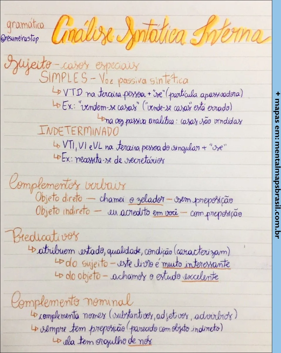 Anotações manuscritas coloridas sobre Análise Sintática Interna, incluindo detalhes sobre sujeito, complementos verbais, predicativos e complemento nominal em português.