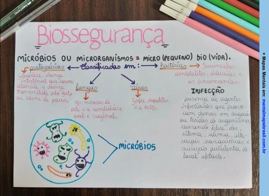 Mapa mental sobre biossegurança, mostrando a classificação dos microrganismos em protozoários, fungos, bactérias e vírus, com exemplos de doenças causadas por cada tipo. A imagem também aborda o conceito de infecção e seus sintomas.