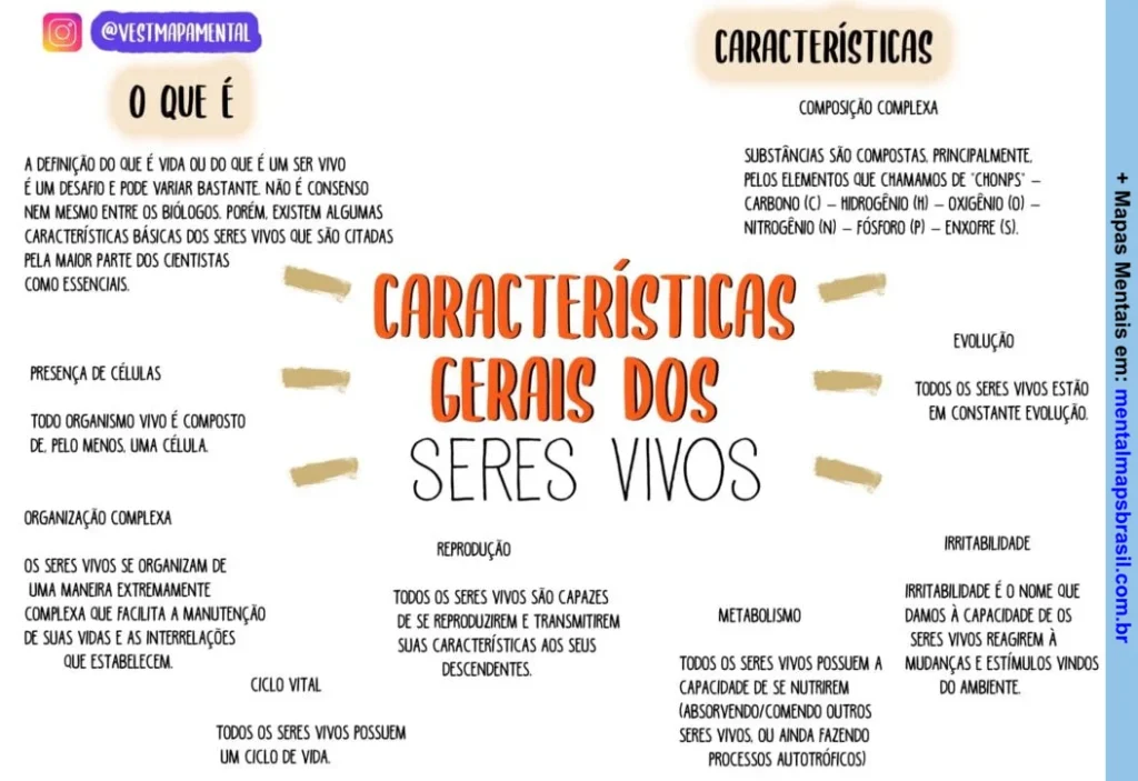 Mapa mental sobre as características gerais dos seres vivos, incluindo presença de células, organização complexa, ciclo vital, reprodução, metabolismo, irritabilidade, composição complexa e evolução.