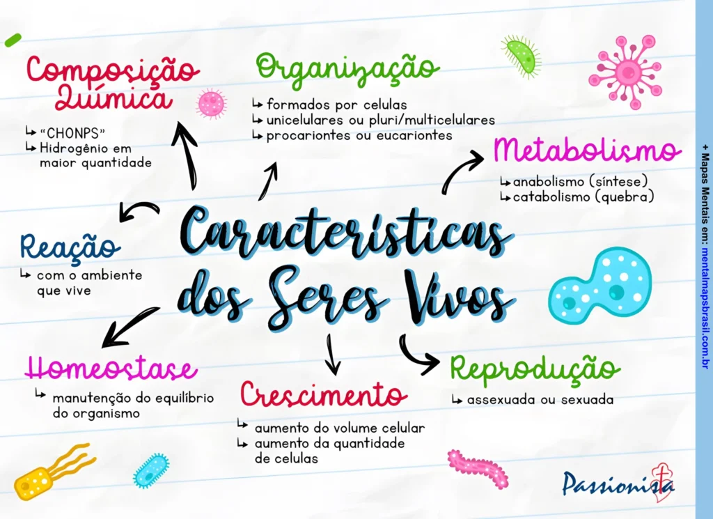 Mapa mental sobre as características dos seres vivos, incluindo composição química, organização, metabolismo, reação ao ambiente, homeostase, crescimento e reprodução.