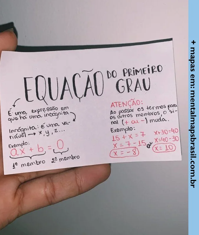 Anotação manuscrita explicando equações de primeiro grau, incluindo definição, exemplos e dica sobre como passar termos entre membros da equação.