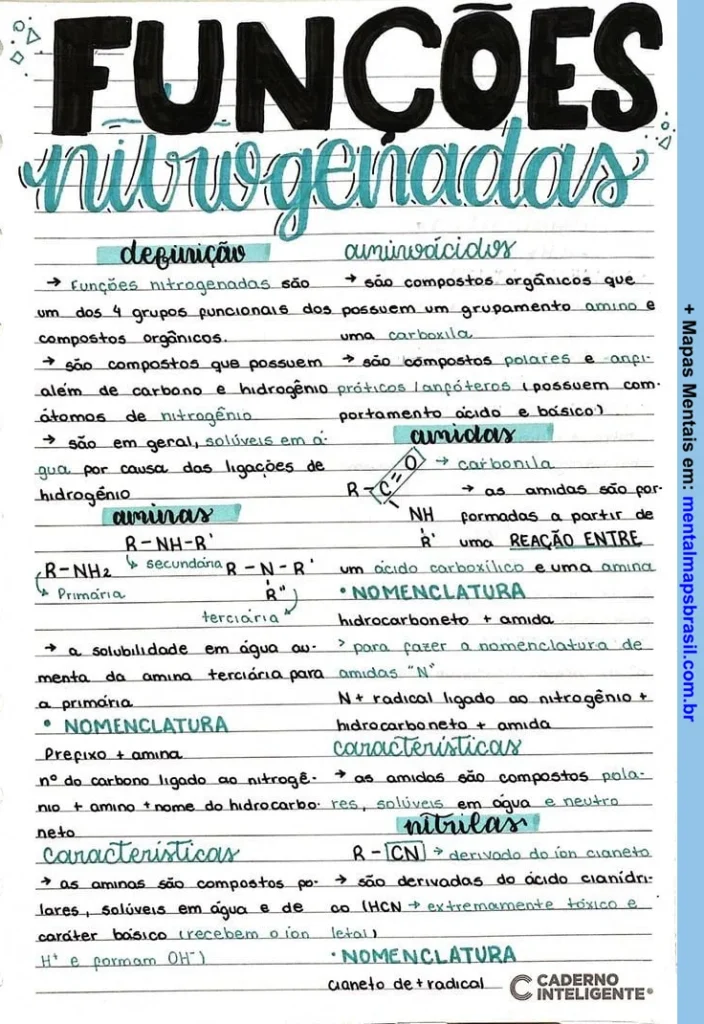 Infográfico sobre Funções Nitrogenadas, incluindo definições, características, nomenclatura de amidas e nitrilas, e suas propriedades químicas.