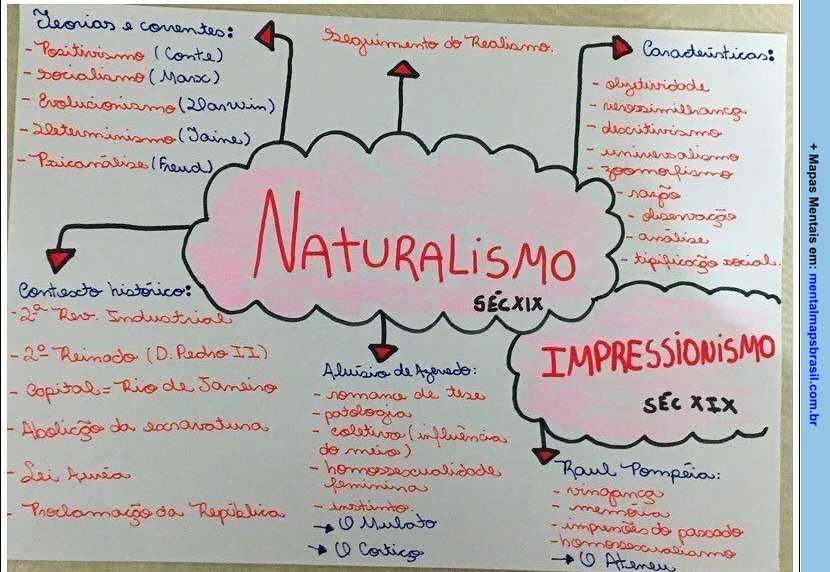 Mapa mental sobre Naturalismo e Impressionismo no século XIX, destacando teorias, contexto histórico e características de ambos os movimentos literários