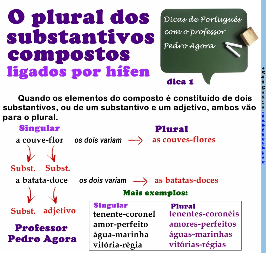 Infográfico sobre o plural dos substantivos compostos ligados por hífen, explicando regras e exemplos com professor Pedro Agora.