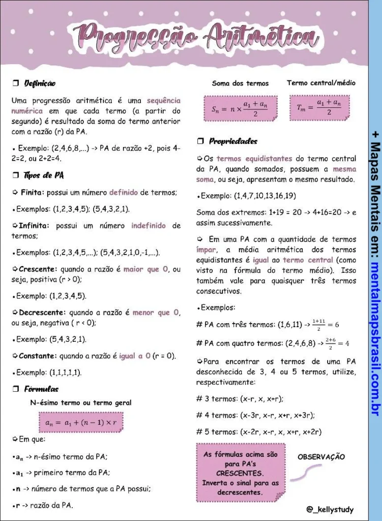 Resumo sobre Progressão Aritmética (PA), incluindo definição, tipos, fórmulas e propriedades.