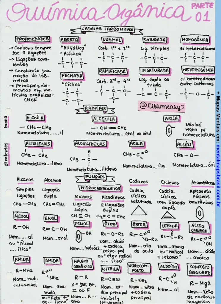 Infográfico com resumo sobre Química Orgânica, abordando propriedades, cadeias carbônicas, radicais, funções e nomenclatura