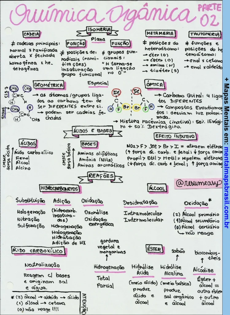 sobre Química Orgânica - Parte 02, abordando isomeria, ácidos e bases, reações, hidrocarbonetos, álcoois, e ésteres.