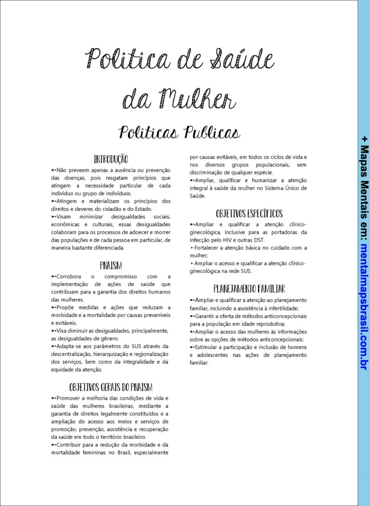 Texto explicativo sobre a Política de Saúde da Mulher com introdução, objetivos, planejamento familiar e políticas públicas.