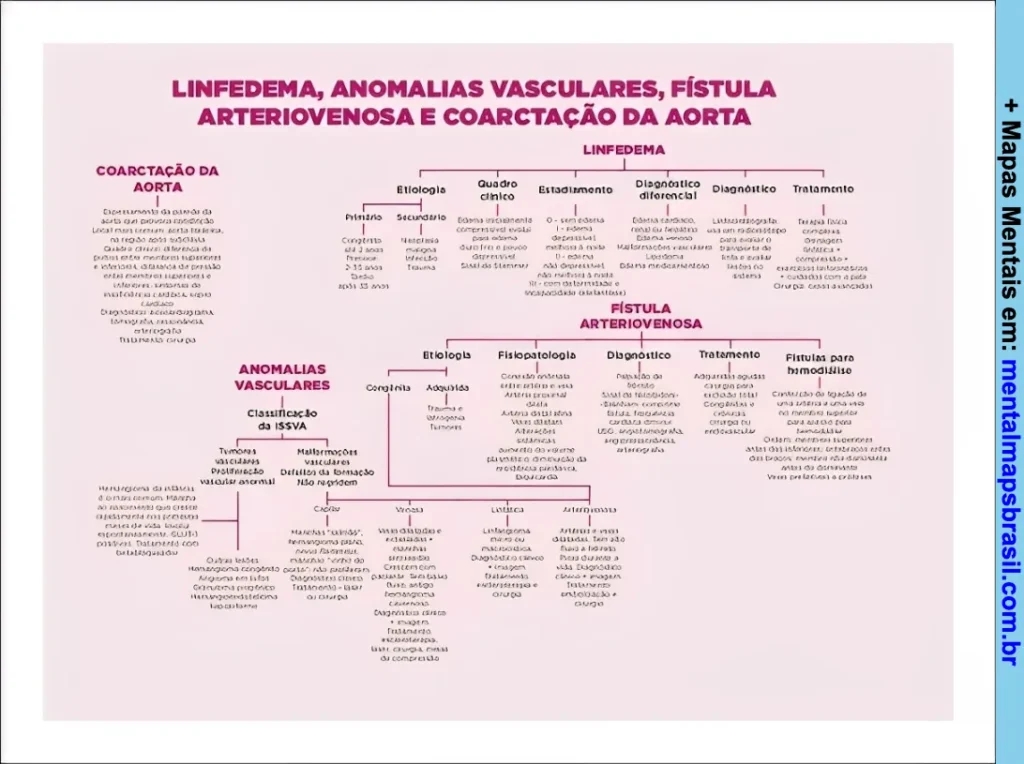 Mapa mental sobre linfedema, anomalias vasculares, fístula arteriovenosa e coarctação da aorta com classificações, etiologia, fisiopatologia, diagnóstico e tratamento.