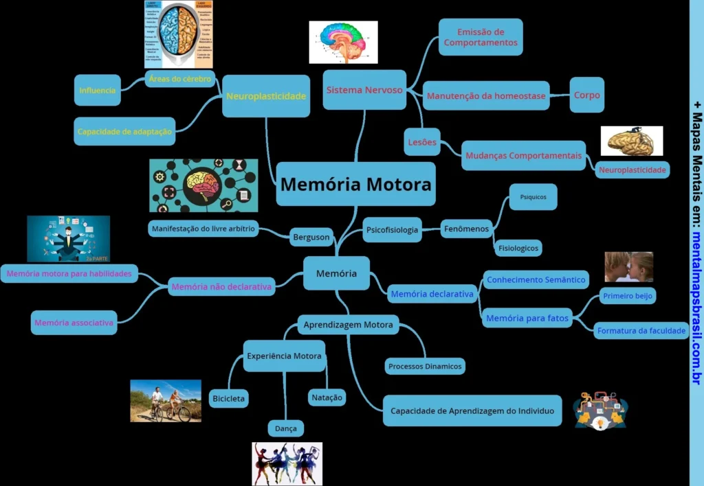 Mapa mental sobre memória motora abordando sistema nervoso, neuroplasticidade, tipos de memória, aprendizagem motora e fenômenos psicofisiológicos.