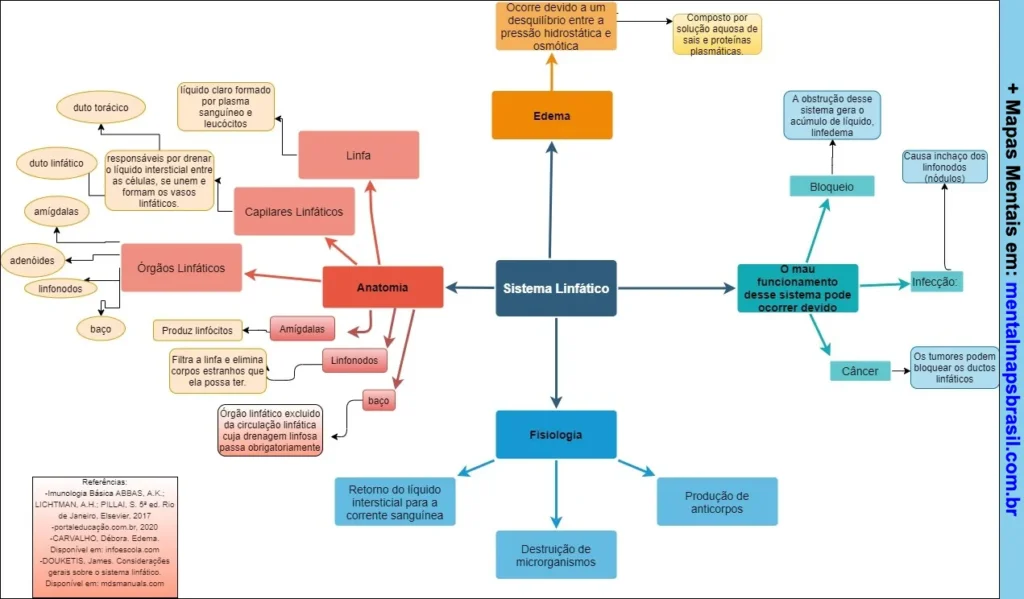Mapa mental detalhado sobre o sistema linfático, incluindo anatomia, fisiologia e causas do mau funcionamento, como edema, bloqueio, infecção e câncer.