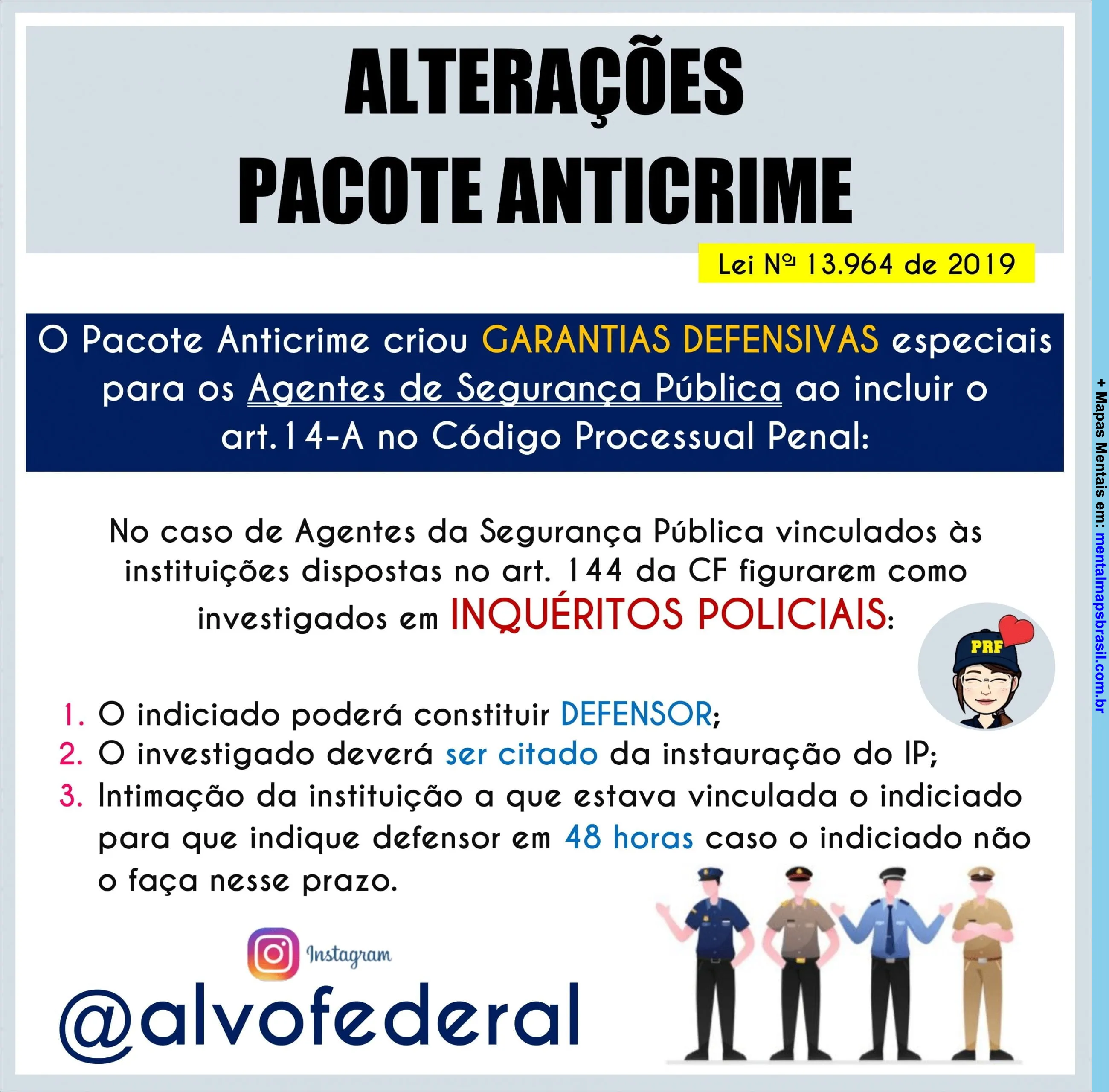 Mapa mental sobre as alterações do Pacote Anticrime, destacando as garantias defensivas para agentes de segurança pública conforme a Lei nº 13.964 de 2019.