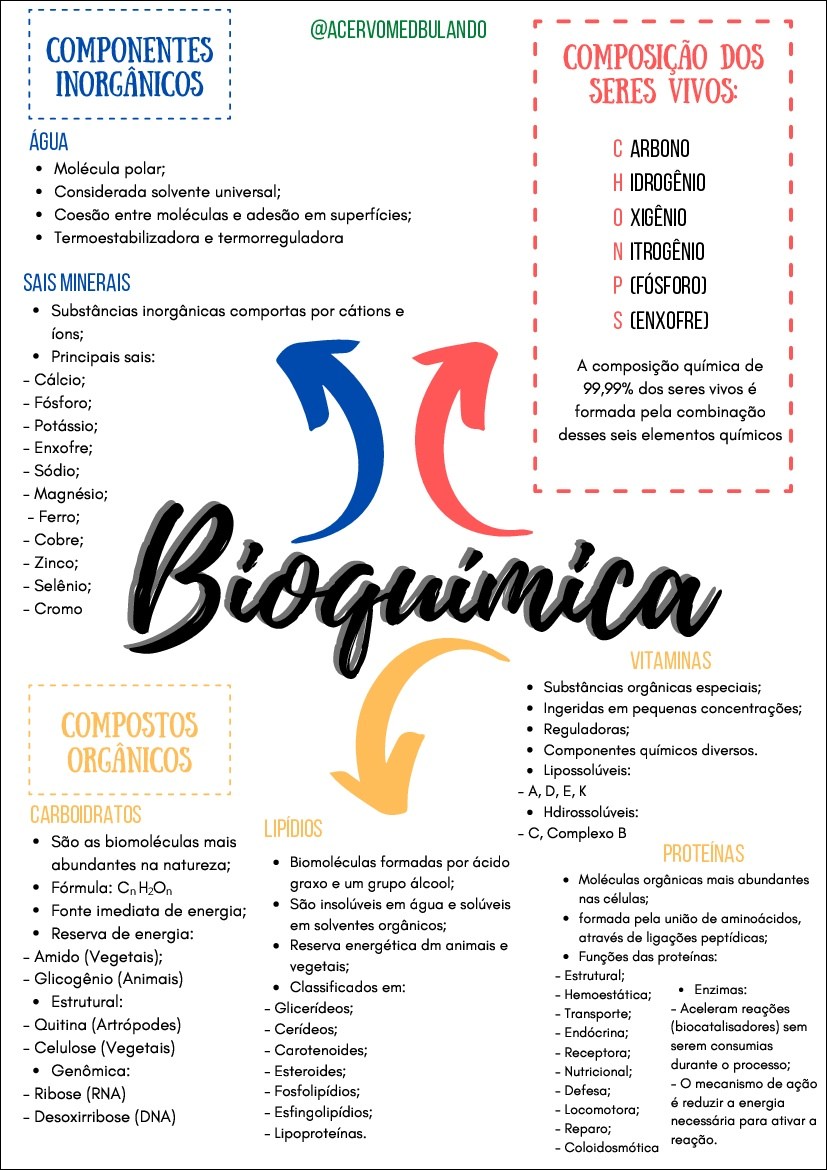 Mapa mental sobre bioquímica, destacando componentes inorgânicos, compostos orgânicos e composição dos seres vivos.