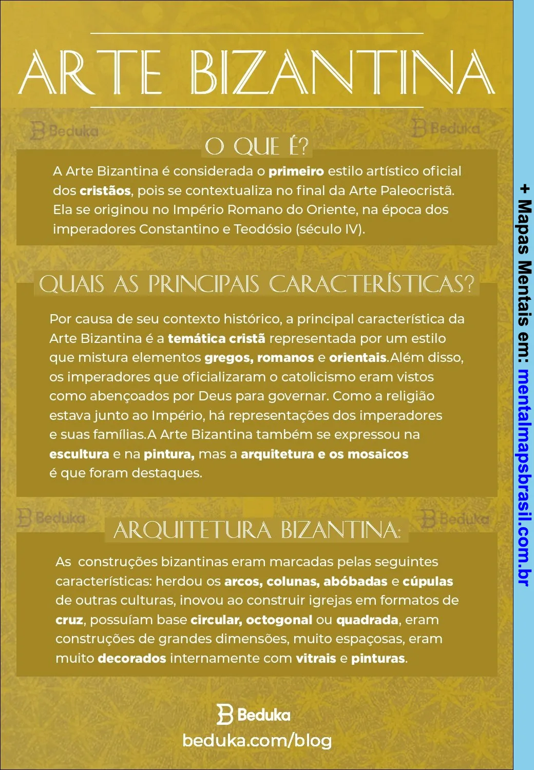Imagem contendo um mapa mental sobre Arte Bizantina, explicando o que é, suas principais características e a arquitetura bizantina.
