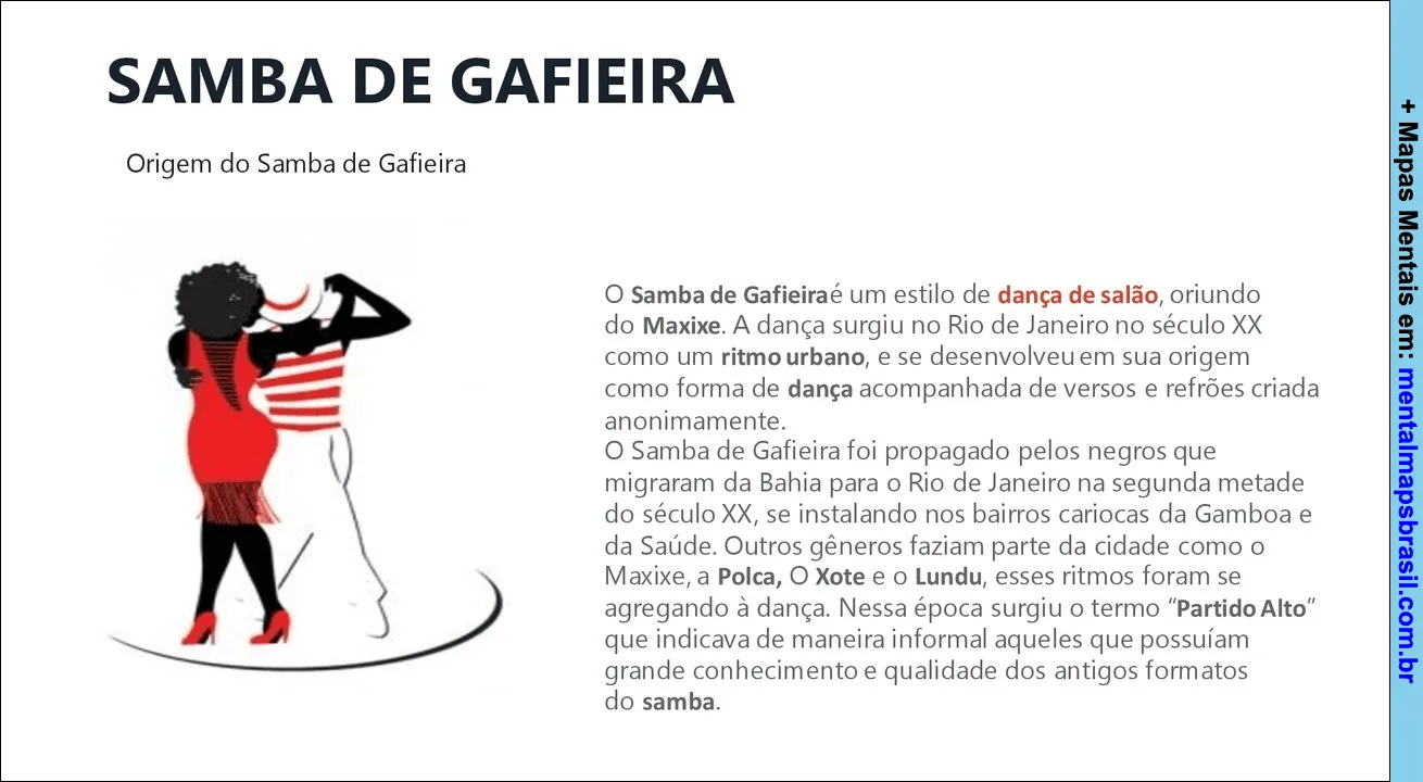 Ilustração de um casal dançando samba de gafieira, com texto explicativo sobre a origem e características da dança.